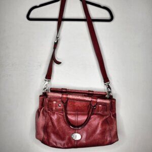 Fossil Maddox Bar Satchel Genuine Cow Hide Leather Red Distressed Shoulder Bag